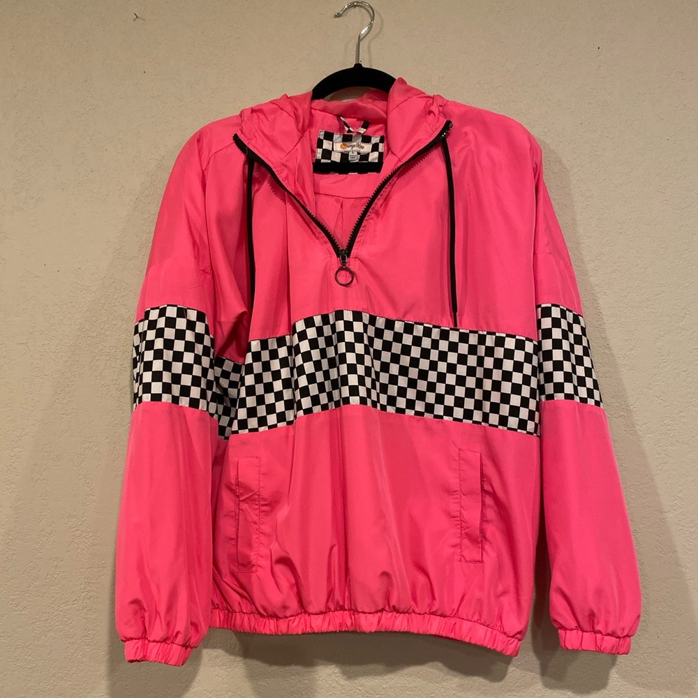 Orange Kiss pink checkered wind breaker with hood